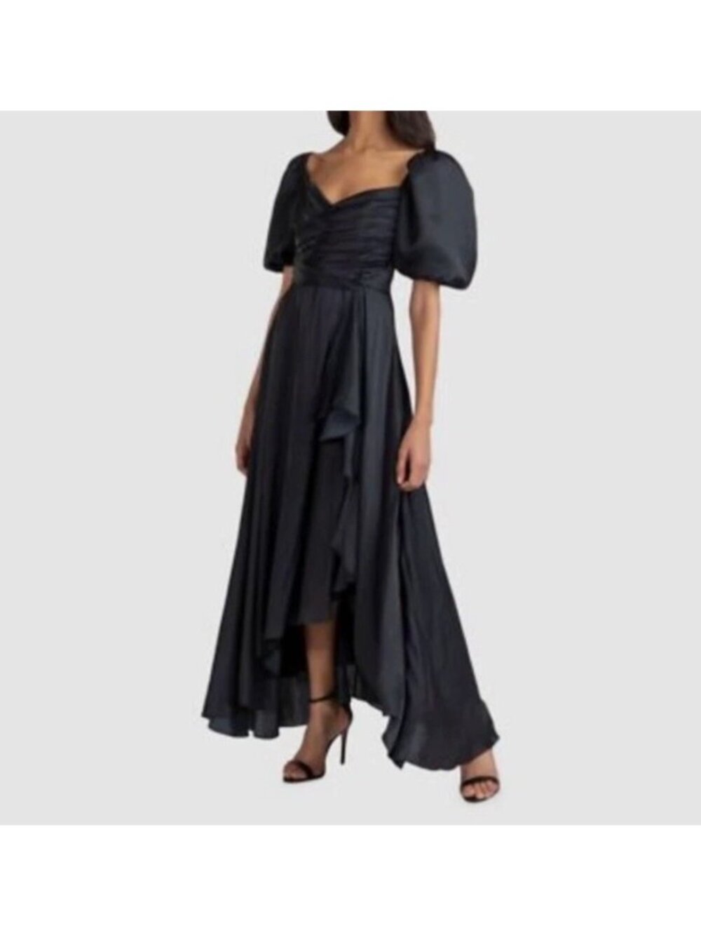 Shoshanna Midnight Black Zoe Puff Sleeve Draped Midi Cocktail Dress Size 12 $715
